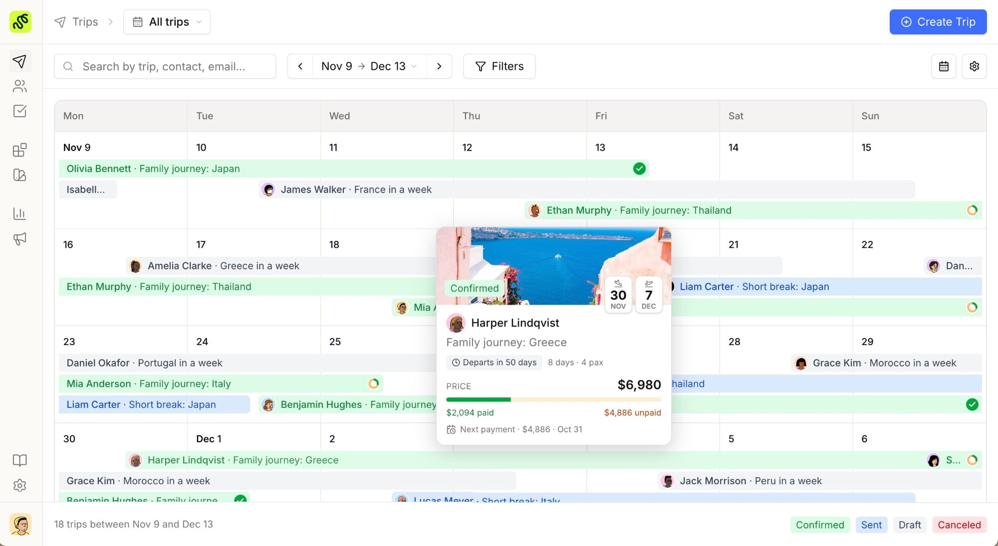 The TravelBuilderPro calendar, with departures across the month