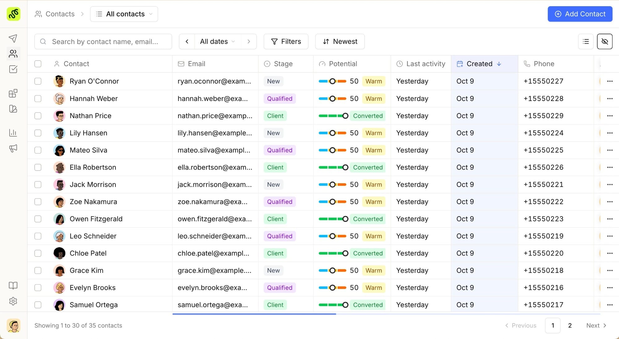 The TravelBuilderPro CRM, with every contact, its stage and last activity