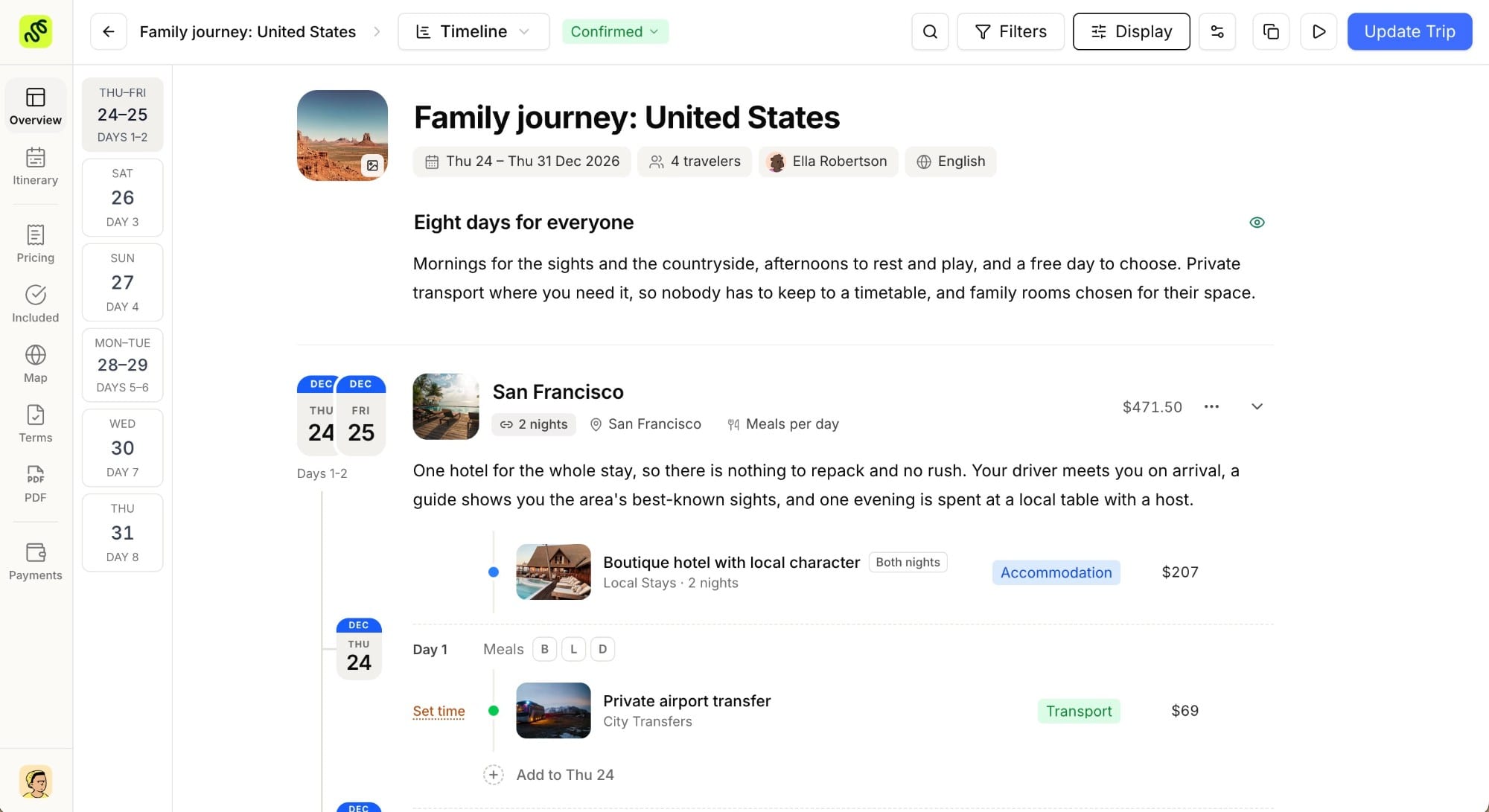 The TravelBuilderPro timeline view, showing a whole trip day by day